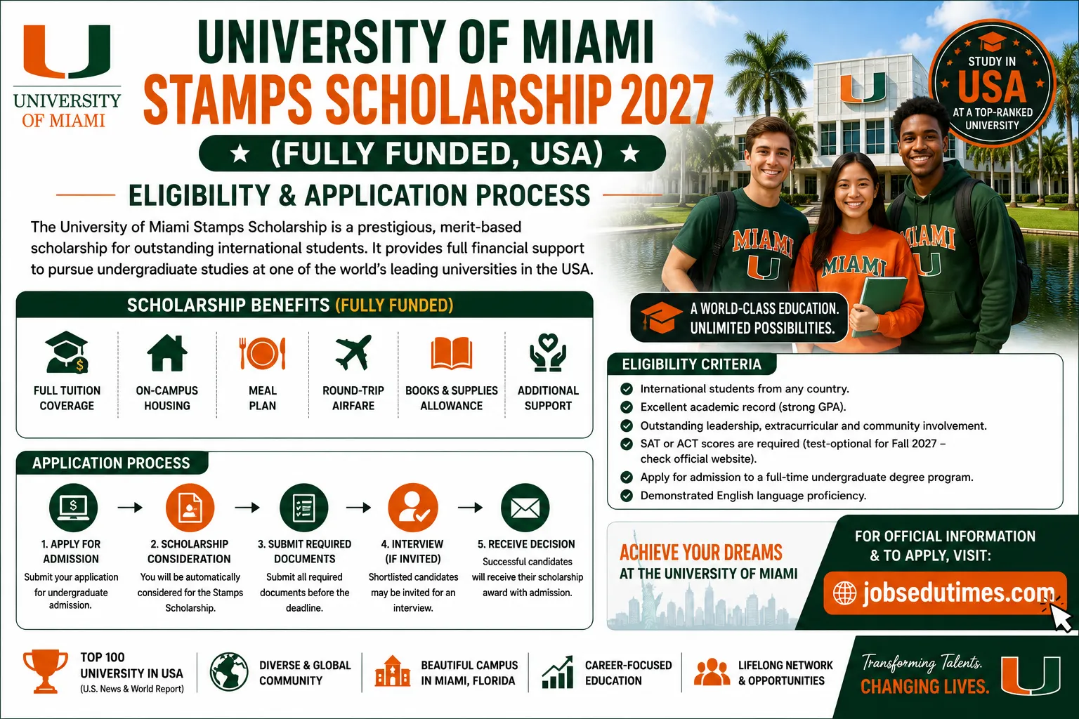 University of Miami Stamps Scholarship 2027 (Fully Funded, USA) – Eligibility & Application Process